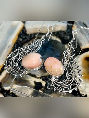 Pink & Brown Peruvian Opal Crystal Earrings 2 1/2”